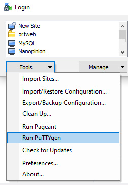 בחלון הפתיחה של winscp, מתחת לשמות השרתים, יש כפתור Tools. לחיצה עליו פתוחת תפריט שבו מופיע הפריט Run PuTTYgen