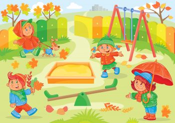 Vector illustration of young children playing in the playground