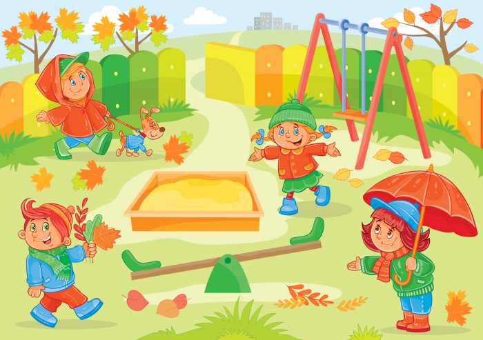 Vector illustration of young children playing in the playground