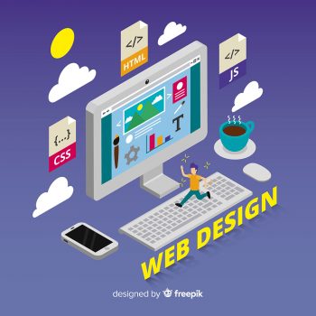 מסך מחשב עם אתר. מסביב עננים שכתוב לידם html, css, js. על המקלדת יש איש רץ