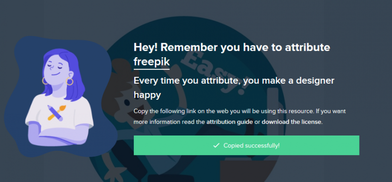 כתוב כאן: Hey! Remember you have to attribute freepik. Every time you attribute, youmake a designer happy. וליד זה יש תמונה של מעצבת שמחה