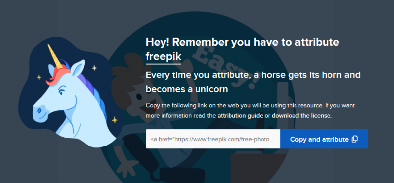 כתוב כאן: Hey! Remember you have to attribute freepik. Every time you attribute, youmake a designer happy. וליד זה יש תמונה של סוס עם קרן נוצצת