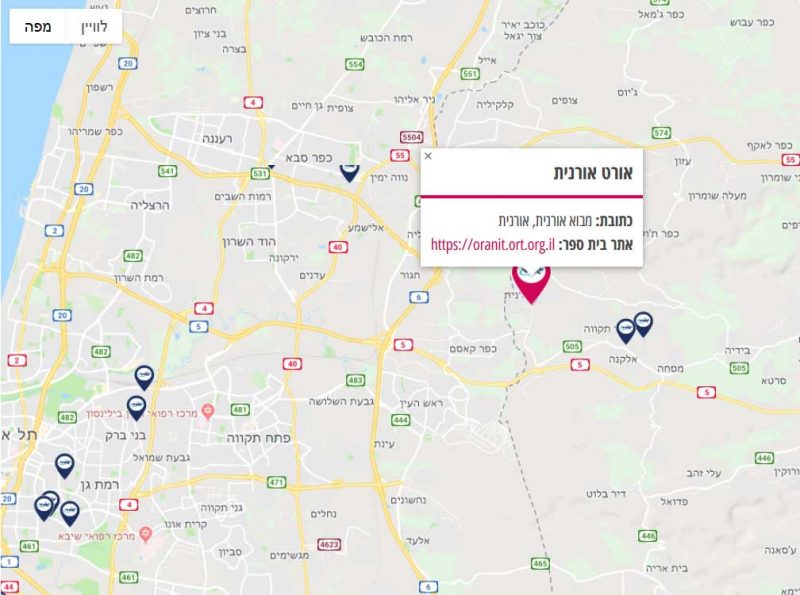 חלונית מעוצבת כשלוחצים על סימון בי"ס במפה
