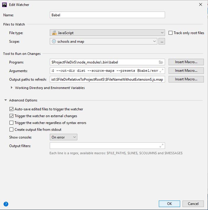 צילום מסך של ההגדרות שלי ל-babel בתוך phpstorm
