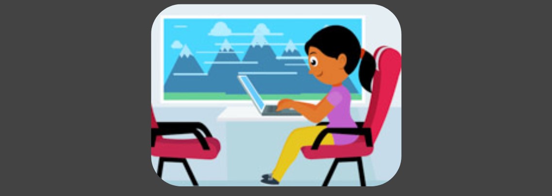 איור: אישה יושבת ברכבת עם מחשב נייד