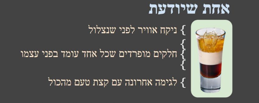 מוsל השכבות של אחת שיודעת: 1. ניקח אוויר לפני שנצלול, 2. חלקים מופרדים שכל אחד עומד בפני עצמו, לגימה אחרונה עם קצת טעם מהכול