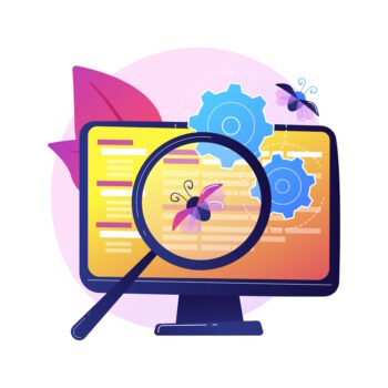 Bug fixing and software testing. Computer virus searching tool. Devops, web optimization, antivirus app. Magnifier, cogwheel and monitor design element. Vector isolated concept metaphor illustration