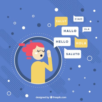 בחורה עם בועיות דיבור שכתוב בהם שלום בשפות שונות