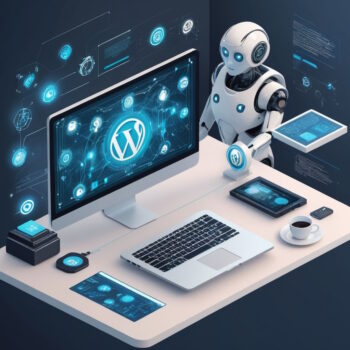 Illustration of a futuristic digital workspace that combines elements of artificial intelligence and WordPress