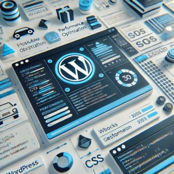a modern WordPress layout theme. It includes code snippets and visual elements representing WordPress blocks and performance optimization