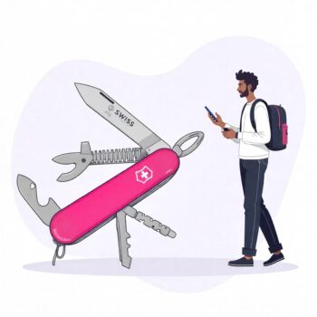 בחור הולך עם טלפון, כשלפניו סכין שוויצרית כדימוי לכלי AI