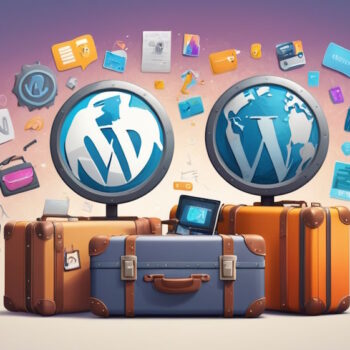 A friendly, personified WordPress logo waving goodbye, standing next to a packed suitcase with stickers of code, plugins, and themes. The background fades from a cozy blog workspace into a bright, futuristic scene with Moodle and AI icons, symbolizing moving on to new adventures.