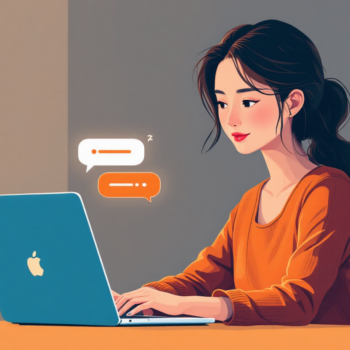 איור דיגיטלי מודרני של אישה יושבת מול מחשב נייד, על המסך שני חלונות צ'אט זה לצד זה — אחד עם בועות צבעוניות רכות בסגנון ידידותי, ואחד עם בועות כהות וחדות בסגנון ישיר. התאורה חמימה, הסגנון נקי ומינימליסטי, אווירה מקצועית אך אישית