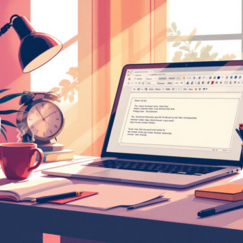A modern, minimalistic workspace scene with a laptop open to a text editing app, warm lighting, a coffee cup on the side, and subtle creative elements like notes and pens, symbolizing writing and personal style, in soft natural colors, realistic photography style.